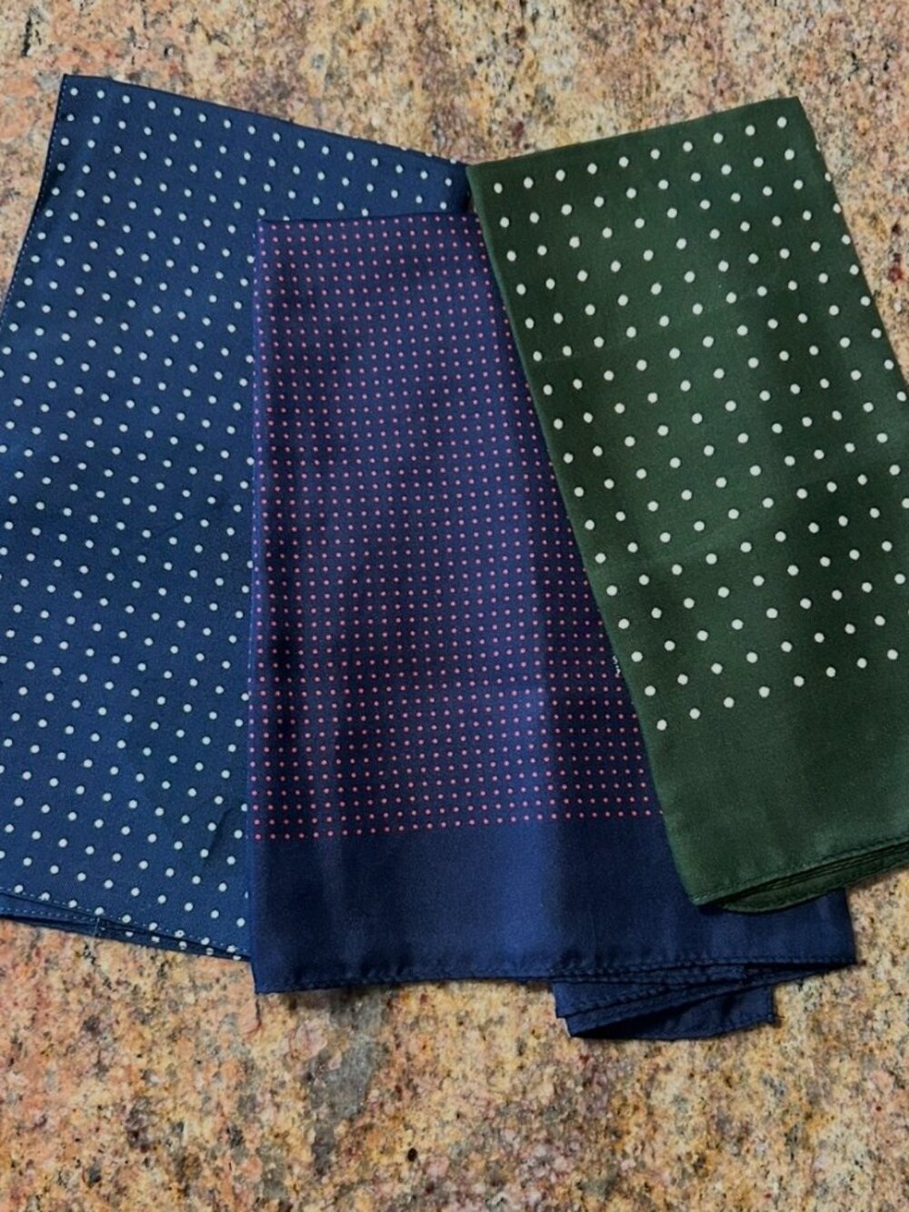 Three Polka Dot Design Pocket Squares Two tagged silk Made in England